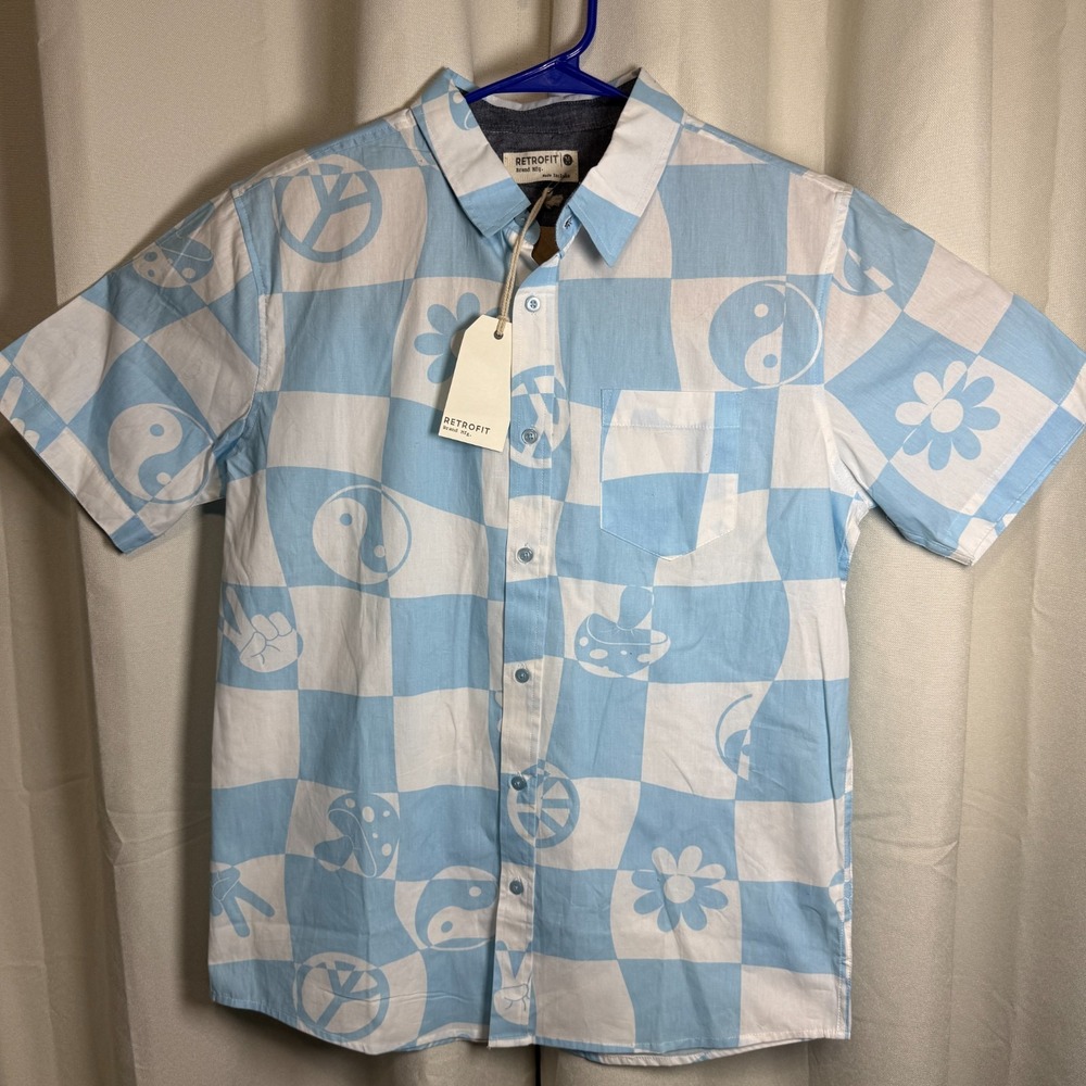 Retrofit Men's Medium Blue/White Check Yin Yang Short Sleeve Button-Up‎ Coton